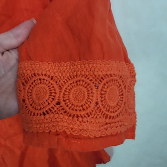 New Sigrid Olsen orange linen tunic top Size Large crocheted lace Lagenlook Boho - Picture 5 of 9